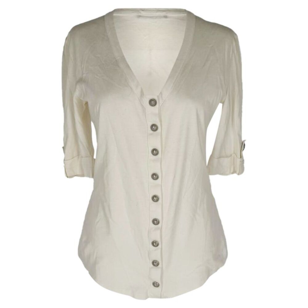 Balmain Knit V-Neck Button Front T-Shirt in Beige Cotton